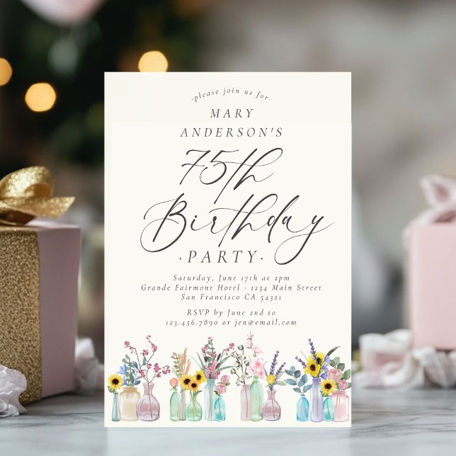 Elegant Watercolor Florals 75th Birthday Party  Invitation (Creator Uploaded)