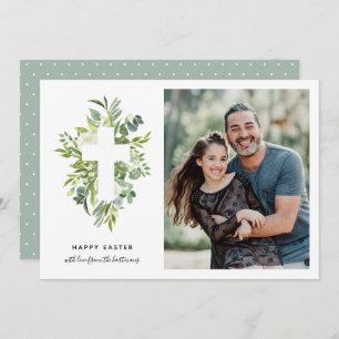 Elegant Watercolor Florals and Cross Photo Easter Holiday Card