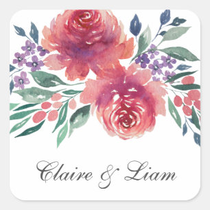 Elegant Watercolor Florals Wedding Square Sticker