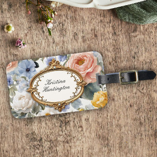 Elegant Watercolor Florals with Golden Frame Luggage Tag