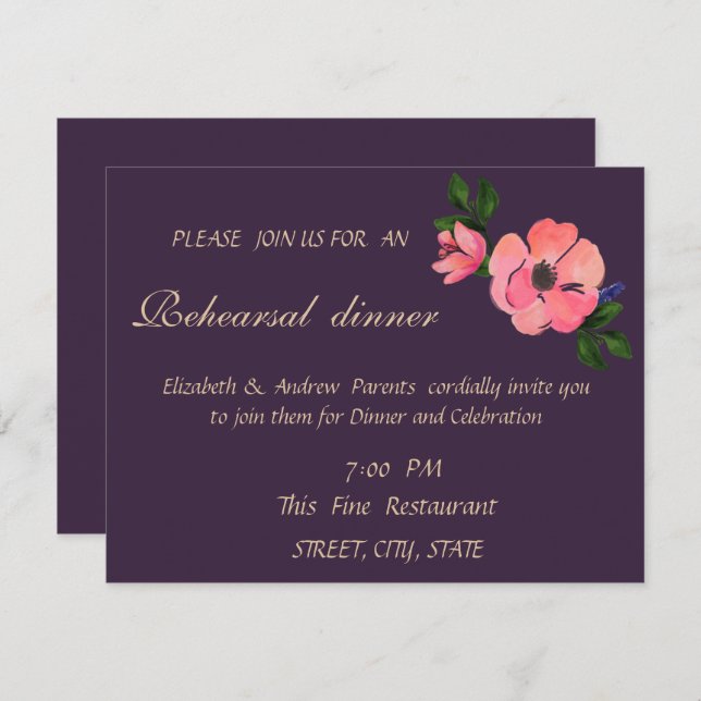 Elegant Watercolor Flower Wedding Rehearsal Dinner Invitation (Front/Back)