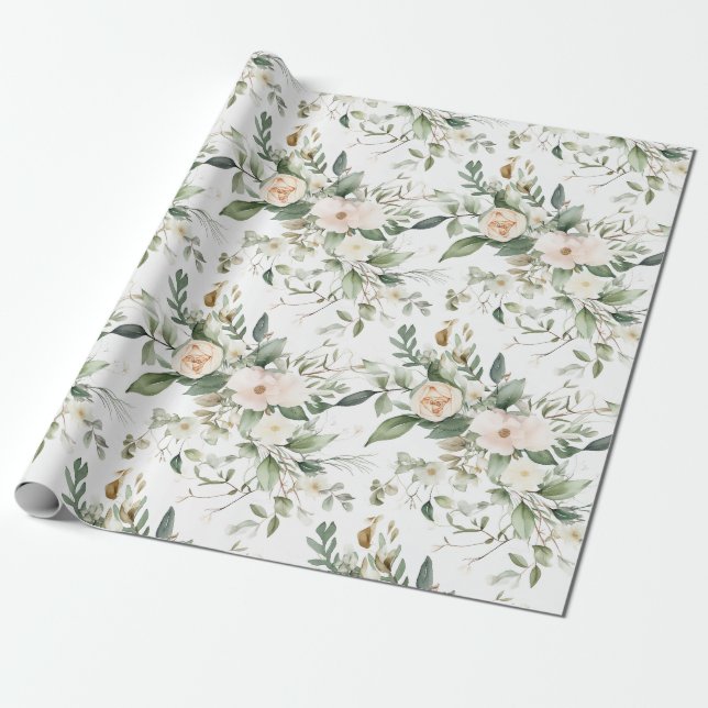 Elegant watercolor flowers and greenery wrapping paper (Unrolled)