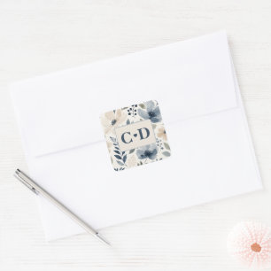 Elegant Watercolor Flowers Blue Cream Wedding Square Sticker
