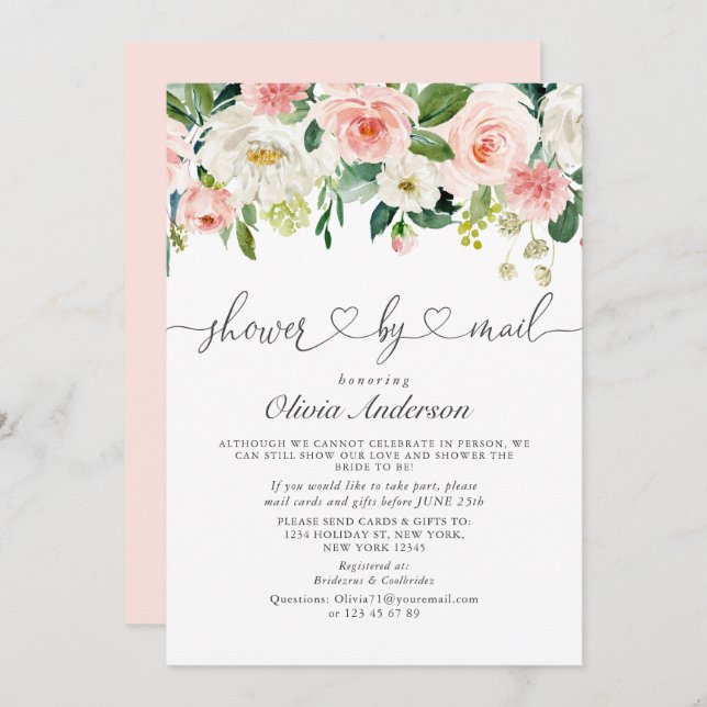 Elegant Watercolor Flowers Bridal Shower By Mail Invitation (Front/Back)