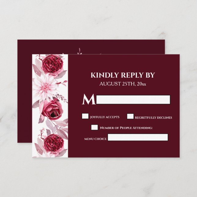 Elegant Watercolor Flowers Burgundy Wedding RSVP Card (Front/Back)