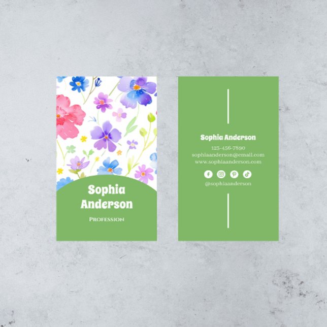 Elegant Watercolor Flowers - Chic Vertical  Business Card (Creator Uploaded)