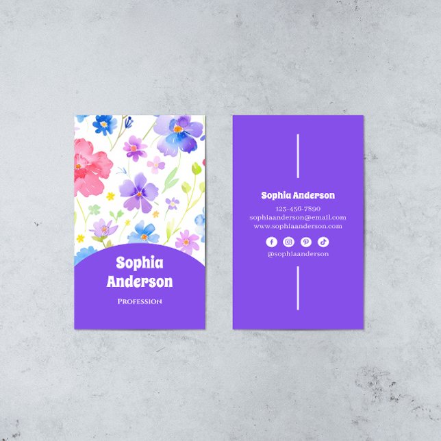 Elegant Watercolor Flowers - Chic Vertical  Business Card (Creator Uploaded)
