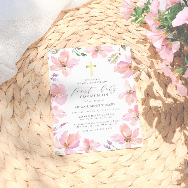 Elegant Watercolor Flowers First Holy Communion Invitation Postcard (Creator Uploaded)