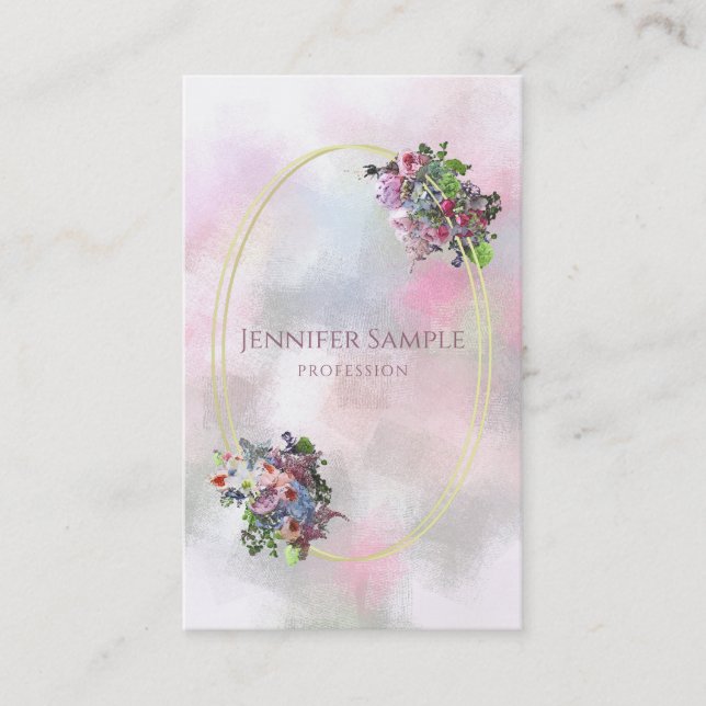 Elegant Watercolor Flowers Gold Frame Abstract Business Card (Front)