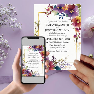 Elegant Watercolor Flowers Gold Frame Wedding Invitation