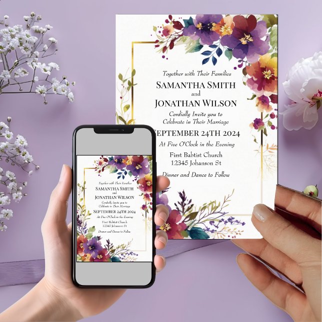Elegant Watercolor Flowers Gold Frame Wedding  Invitation (Creator Uploaded)
