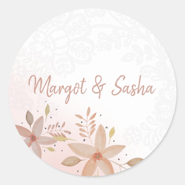 Elegant Watercolor Flowers Monogrammed Lace Classic Round Sticker (Front)