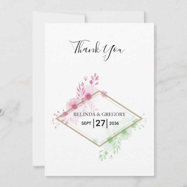 Elegant Watercolor Flowers Wedding Thank You Card (Back)