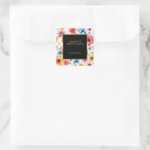 Elegant watercolor flowers white gold professional square sticker