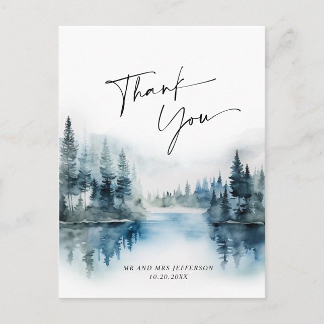 Elegant Watercolor Foggy Forest Wedding Thank You Postcard (Front)