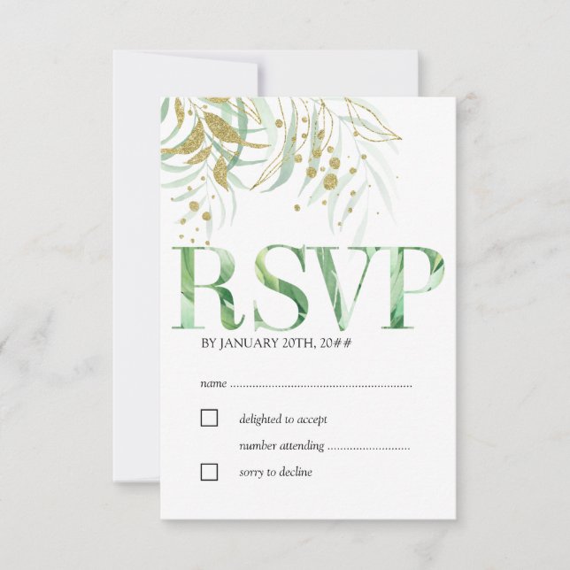 Elegant Watercolor Foliage and Gold Leaves RSVP Card (Front)
