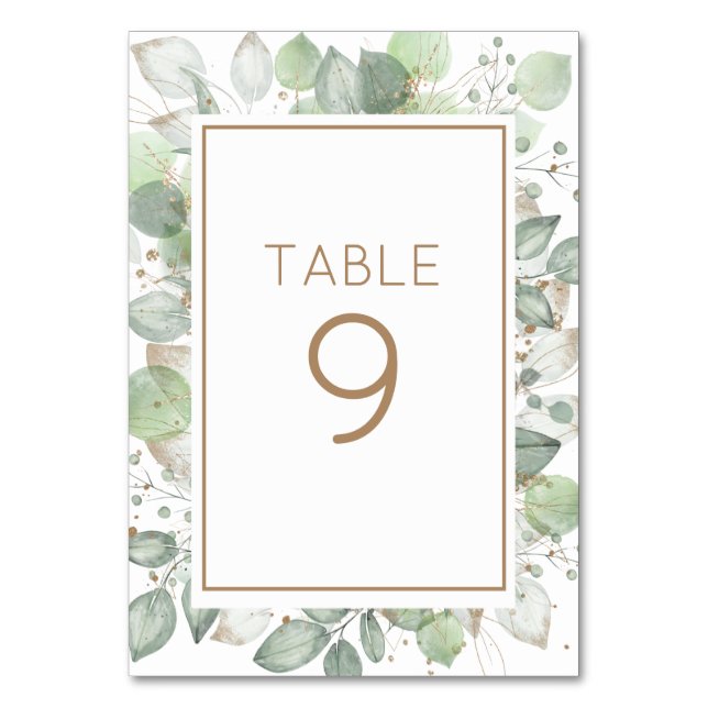 Elegant Watercolor Foliage Sage Gold Table Number (Front)