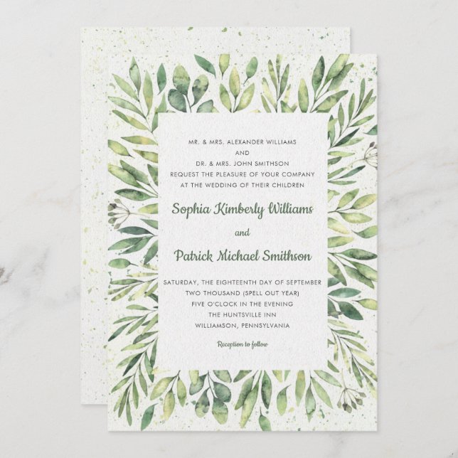 Elegant Watercolor Foliage Splatter Invitation (Front/Back)