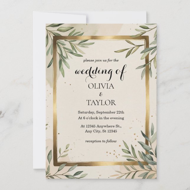Elegant Watercolor Foliage Wedding Invitation (Front)