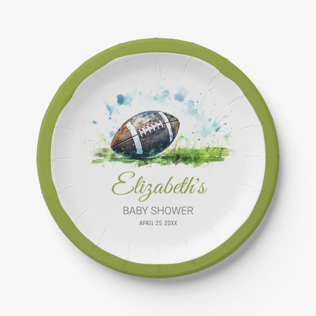 Elegant Watercolor Football Baby Shower Paper Plate (Front)