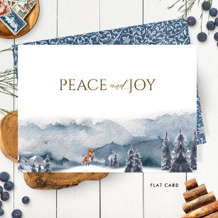 Elegant Watercolor Forest and Fox, Peace and Joy Holiday Card