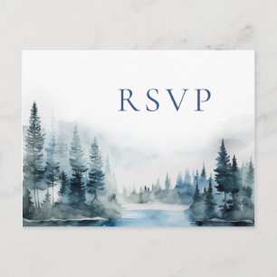Elegant Watercolor Forest Mountains Wedding RSVP Postcard