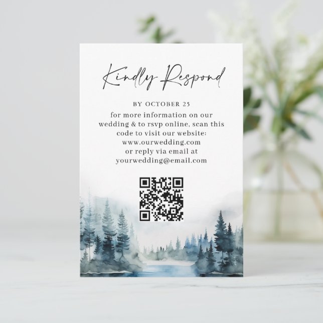Elegant Watercolor Forest Wedding QR code RSVP Card (Standing Front)