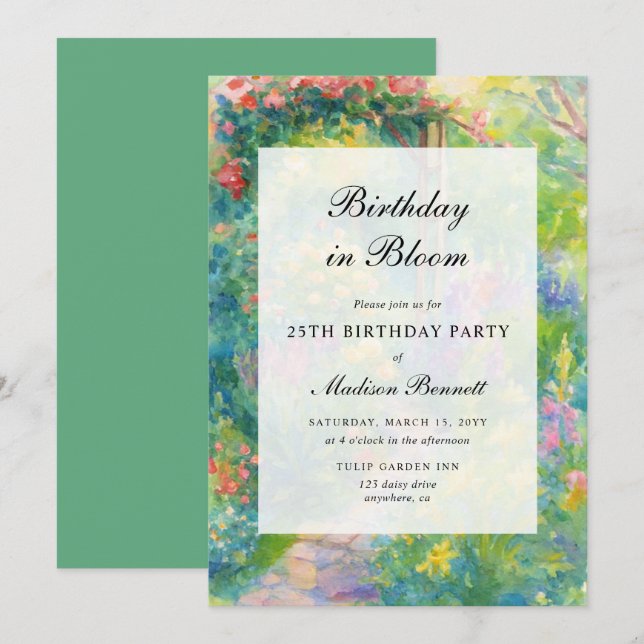 Elegant Watercolor Garden Adult Birthday Party Invitation (Front/Back)