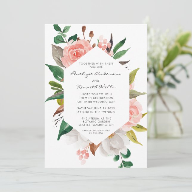 Elegant Watercolor Garden Floral Wedding Invitation (Standing Front)