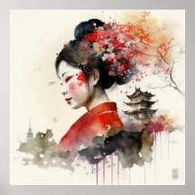 Elegant Watercolor Geisha Portrait