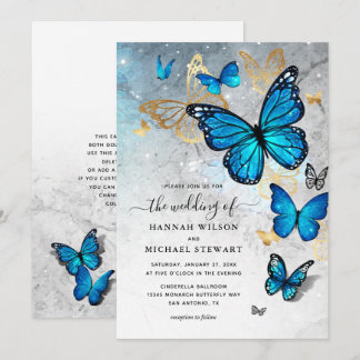 Elegant Watercolor Gold Blue Butterfly Wedding Invitation