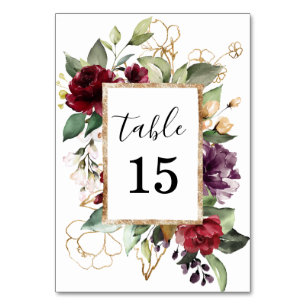 Elegant Watercolor Gold Deep Red Floral Table Number