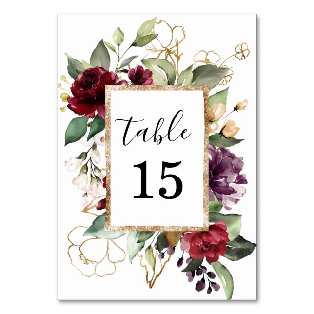 Elegant Watercolor Gold Deep Red Floral Table Number (Front)