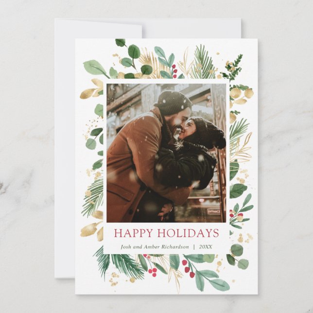 Elegant watercolor gold foil red hollies Christmas (Front)