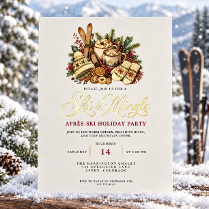 Elegant Watercolor Gold Ski and Mingle Apres Ski Foil Holiday Card