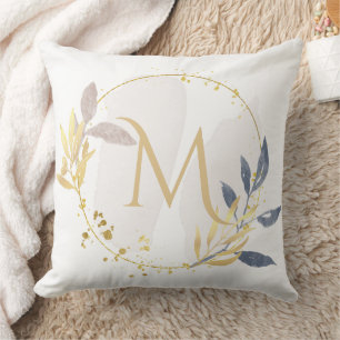 Elegant Watercolor Gold Wreath Monogram M Cushion