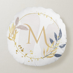 Elegant Watercolor Gold Wreath Monogram M Round Cushion