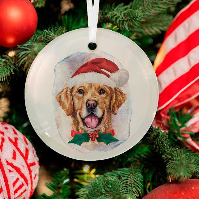 Elegant Watercolor Golden Retriever Christmas  Glass Tree Decoration (Creator Uploaded)