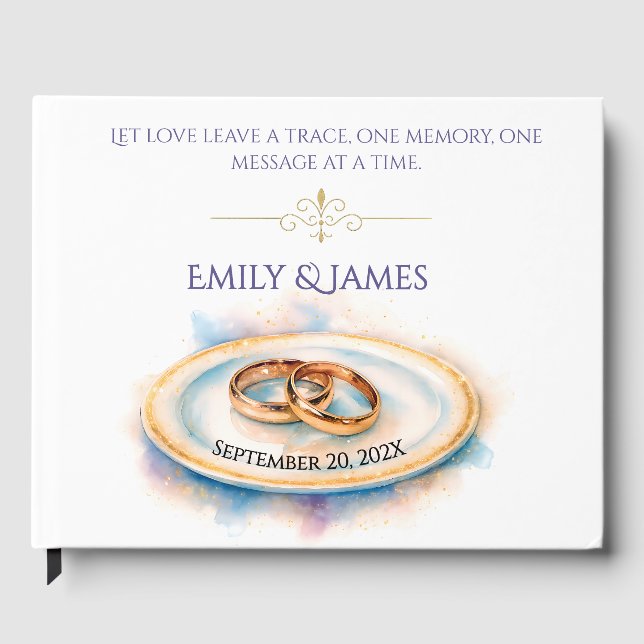 Elegant Watercolor Golden Rose Wedding Rings Guest Book (Front)
