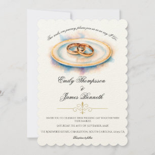 Elegant Watercolor Golden Rose Wedding Rings Invitation