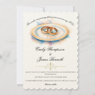 Elegant Watercolor Golden Rose Wedding Rings Invitation