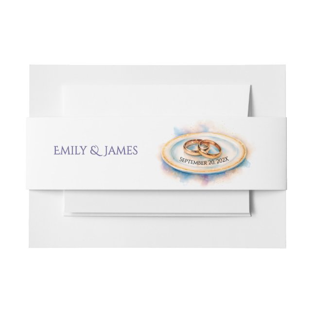 Elegant Watercolor Golden Rose Wedding Rings Invitation Belly Band (Front Example)