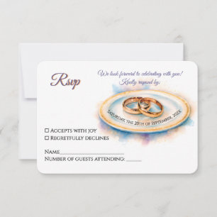 Elegant Watercolor Golden Rose Wedding Rings RSVP Card