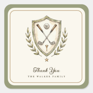 Elegant Watercolor Golf Crest Thank You Favour Square Sticker