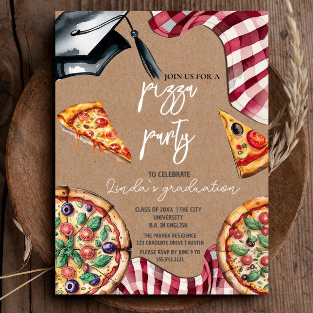 Elegant Watercolor Graduation Pizza Invitation (Elegant Watercolor Graduation Pizza Invitation #craftpaper #zazzlemade #kraftpaper #watercolorpizza)