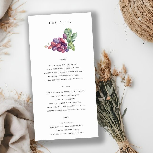 Elegant Watercolor Grape Foliage Wedding Menu Card (Creator Uploaded)