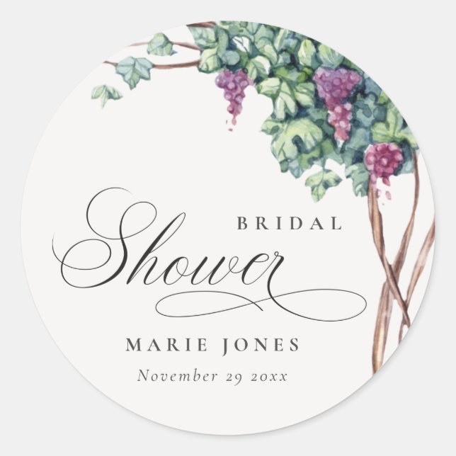 Elegant Watercolor Grapevine Fauna Bridal Shower  Classic Round Sticker (Front)
