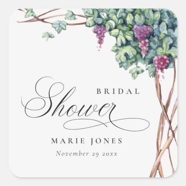 Elegant Watercolor Grapevine Fauna Bridal Shower Square Sticker (Front)