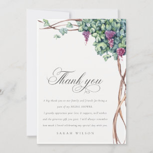 Elegant Watercolor Grapevine Foliage Bridal Shower Thank You Card