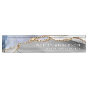 Elegant Watercolor Gray Gold Glitter Agate Nameplate
